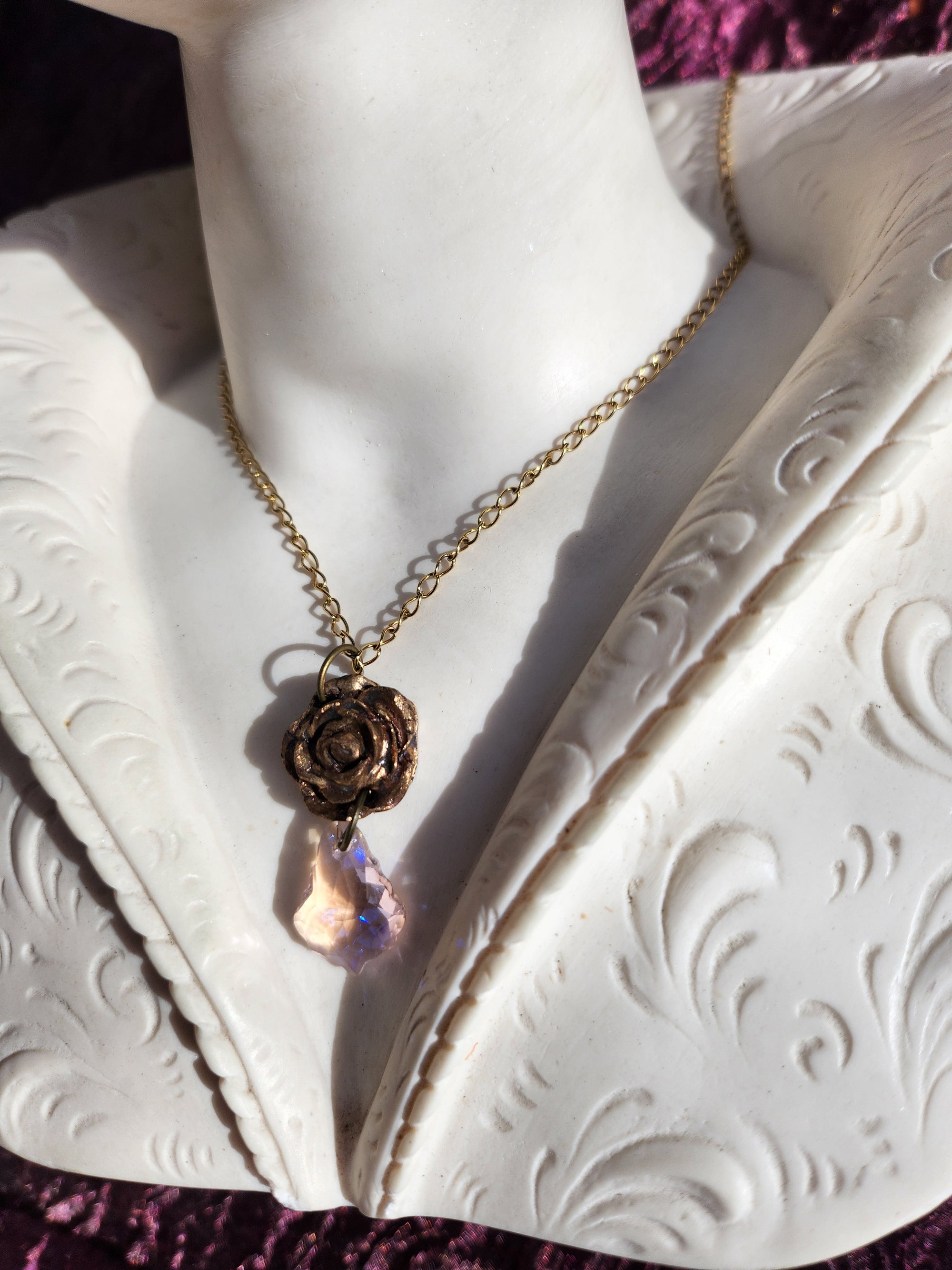 Handmade Bronze Rose Necklace with Soft Pink Crystal – Romantic Vintage Bridal Jewelry