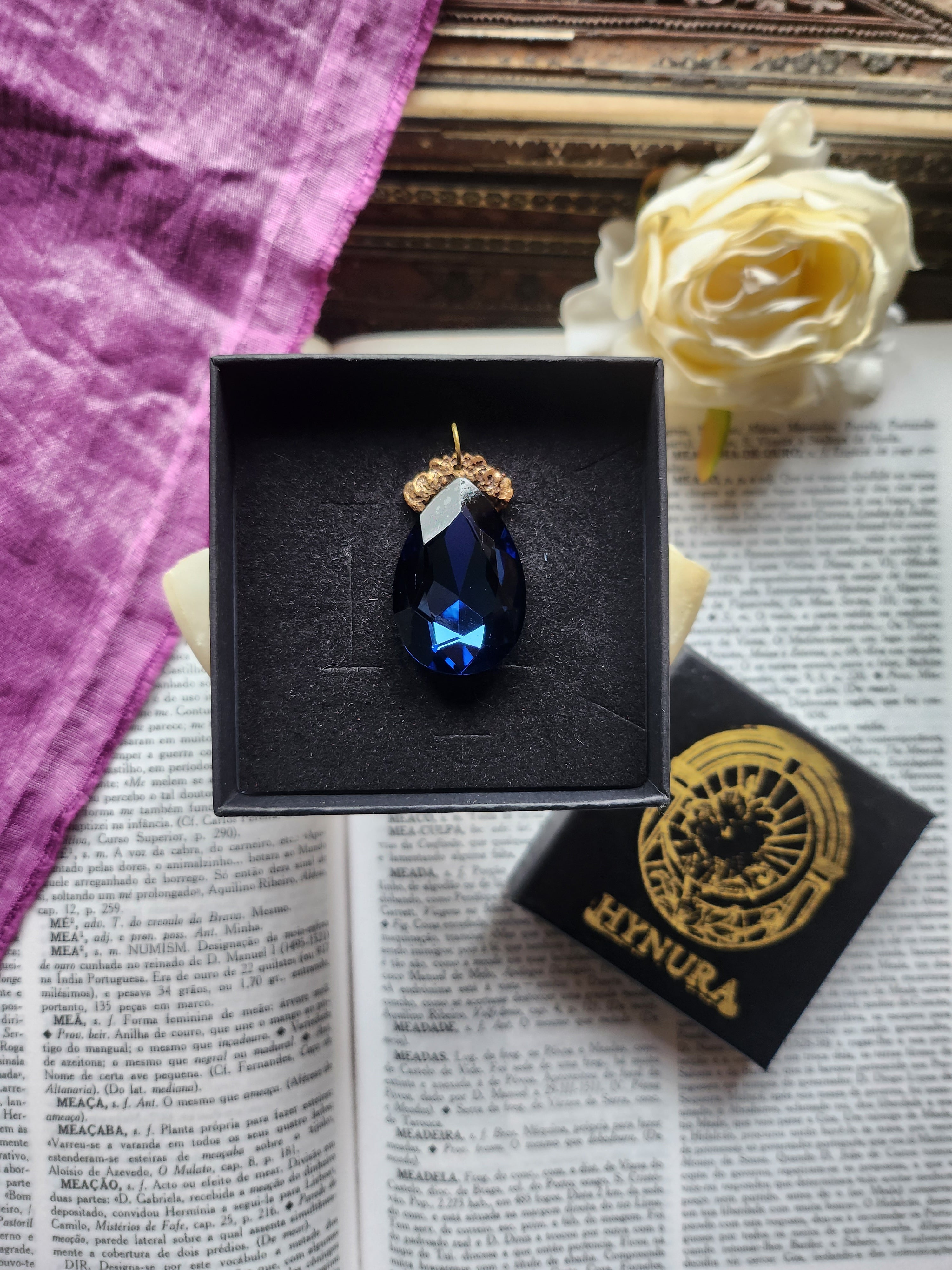 Mystic Baroque Collection - Handmade Bronze Pendant with Deep Blue Teardrop Crystal
