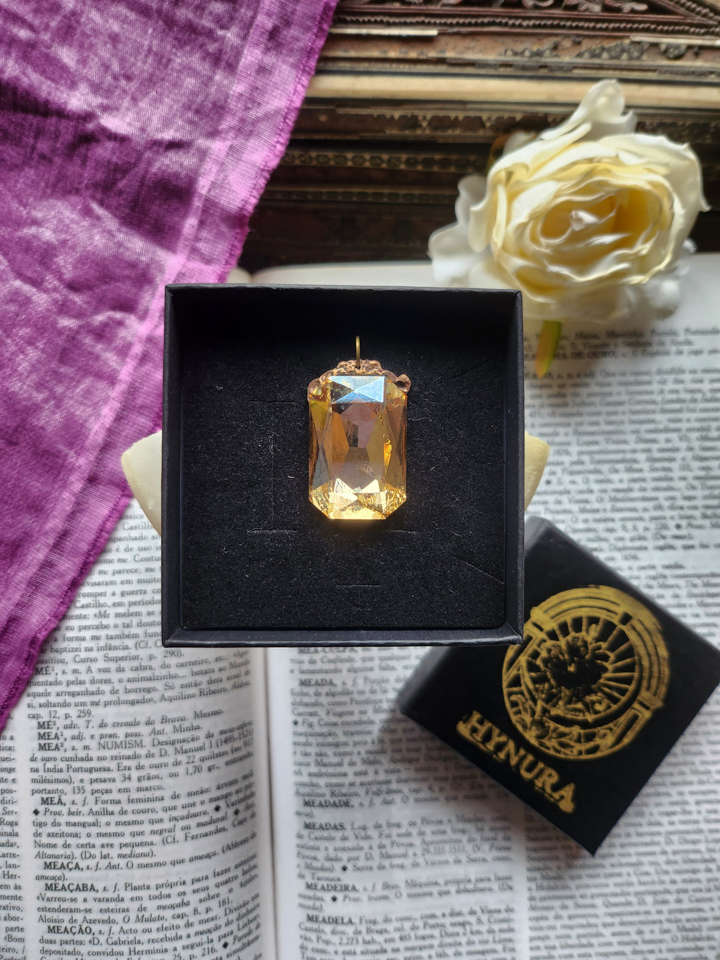 Mystic Baroque Collection – Handmade Bronze Pendant with Light Amber Octagon Crystal