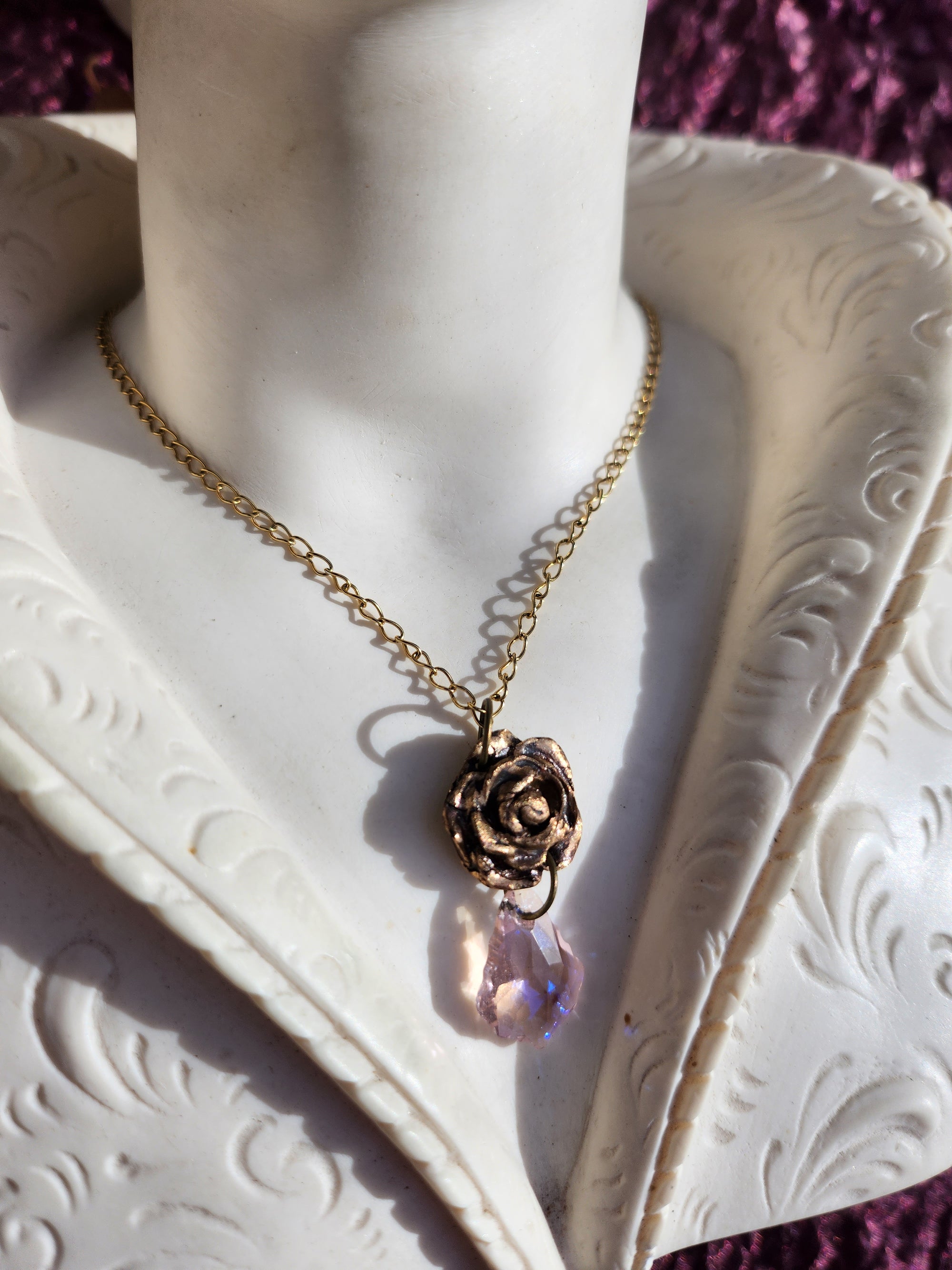 Handmade Bronze Rose Necklace with Soft Pink Crystal – Romantic Vintage Bridal Jewelry