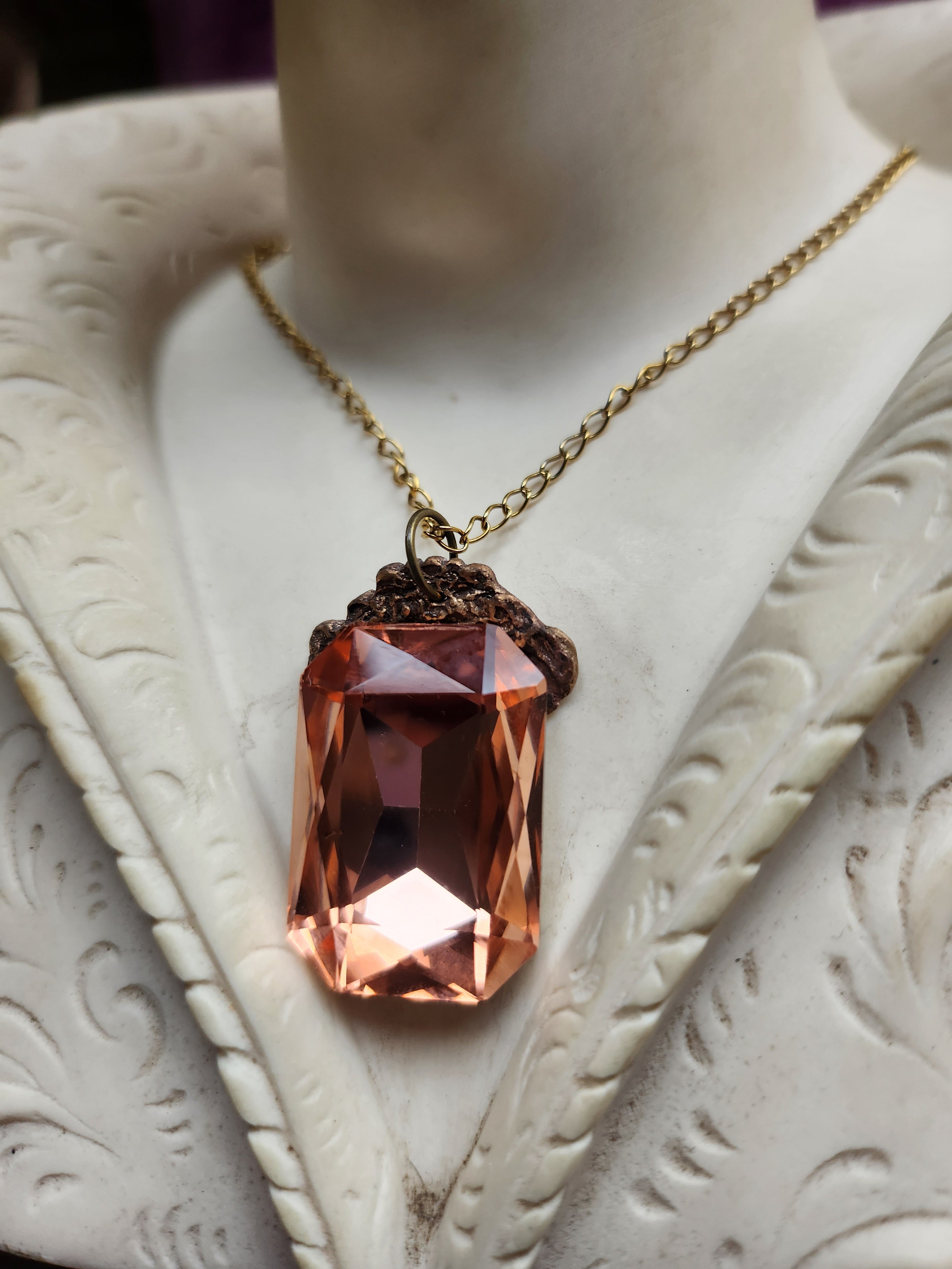 Mystic Baroque Collection - Handmade Bronze Pendant with Salmon Octagon Crystal