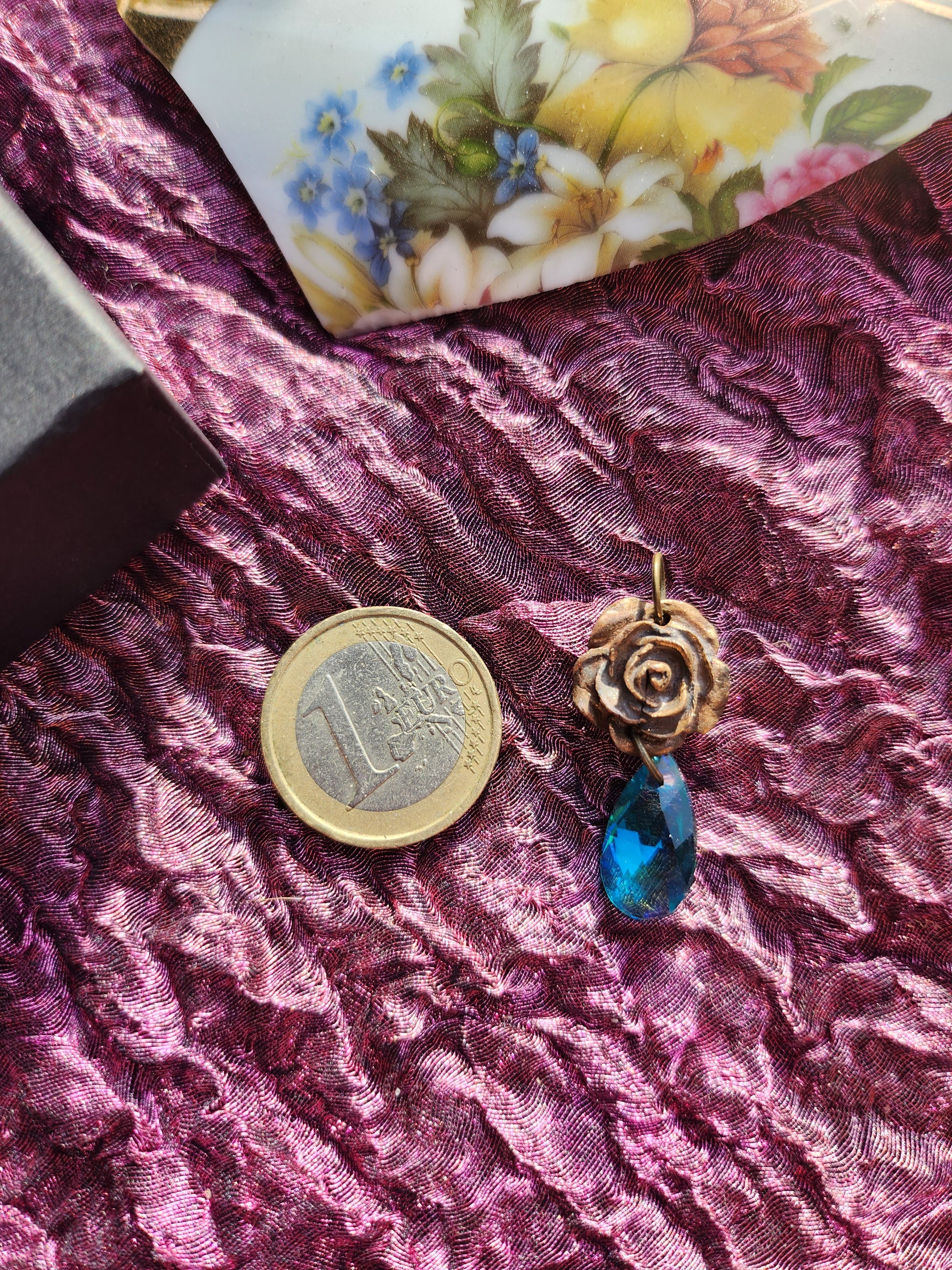 Handmade Bronze Rose Necklace with Emerald Blue Crystal – Bold Vintage Statement Jewelry