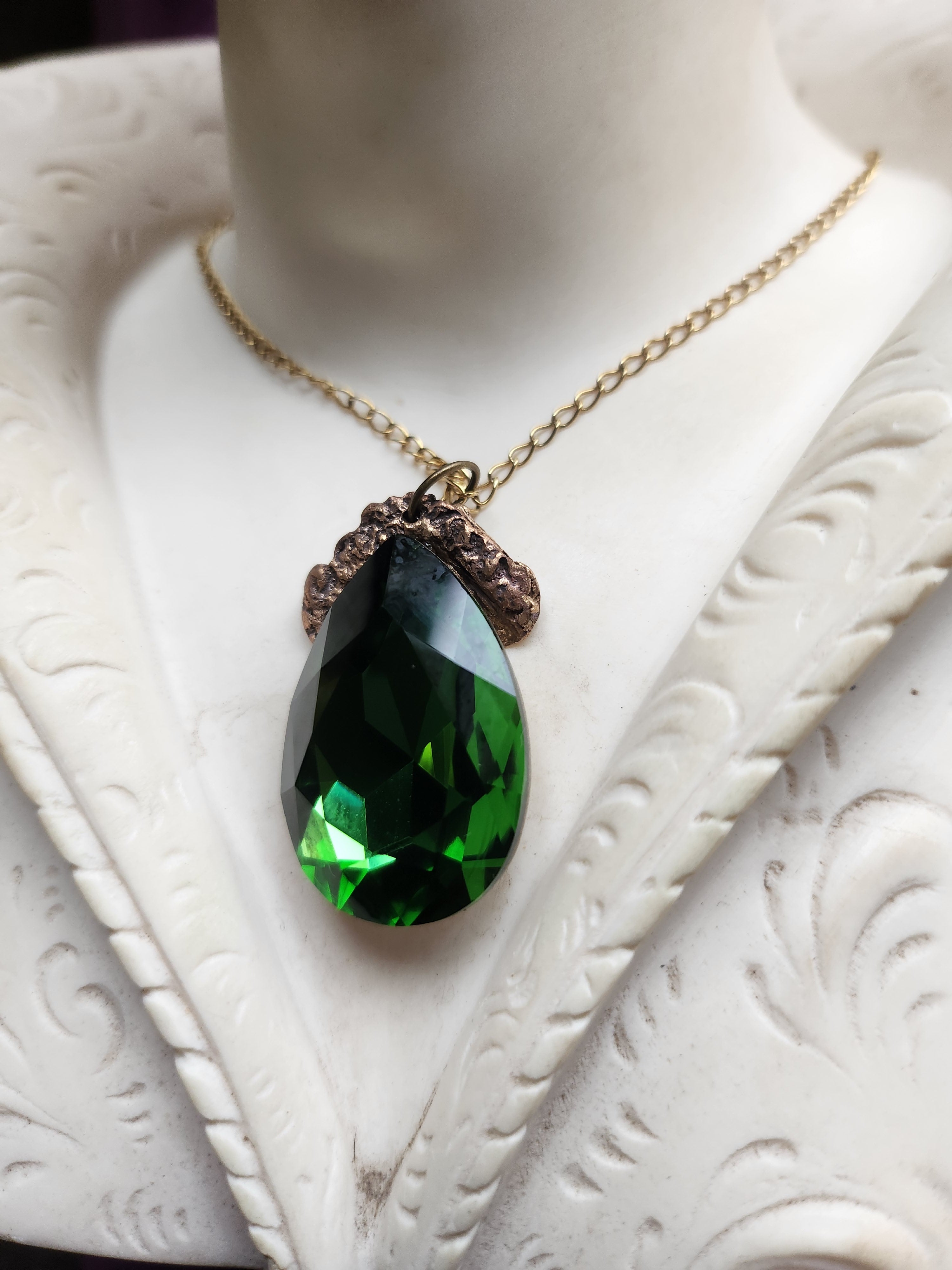 Mystic Baroque Collection - Handmade Bronze Pendant with Emerald Green Teardrop Crystal