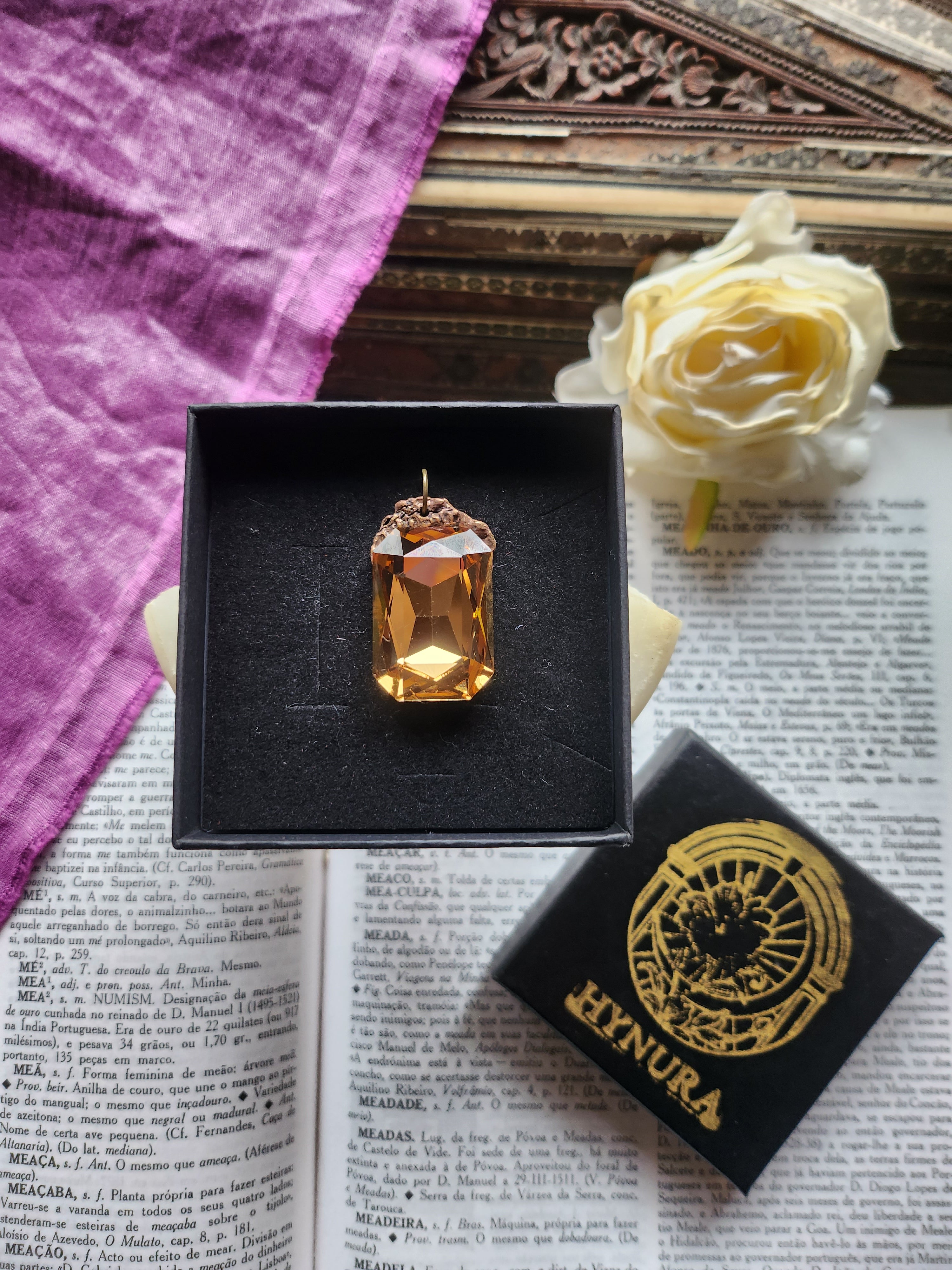 Mystic Baroque Collection - Handmade Bronze Pendant with Light Golden Octagon Crystal