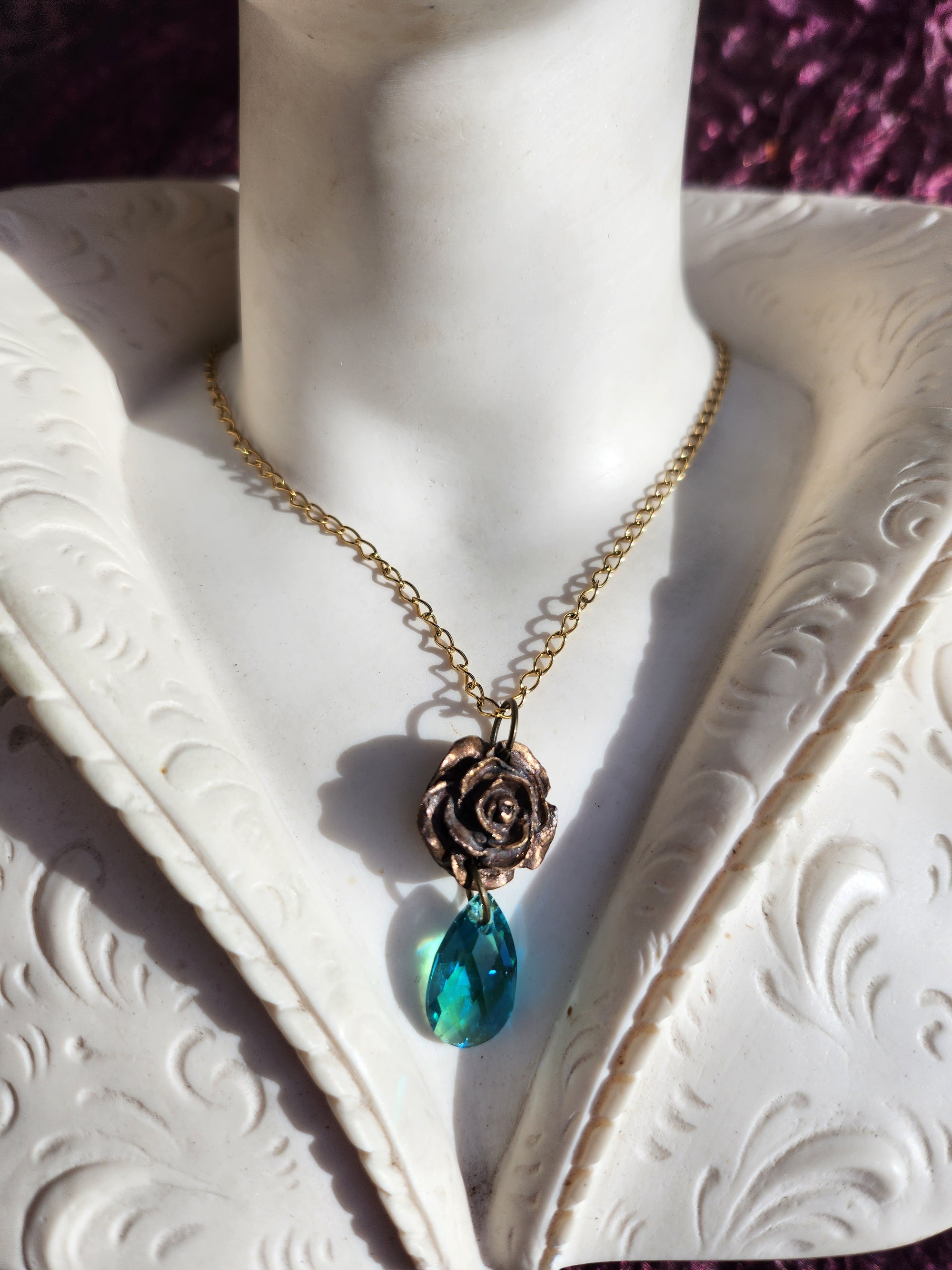 Handmade Bronze Rose Necklace with Emerald Blue Crystal – Bold Vintage Statement Jewelry