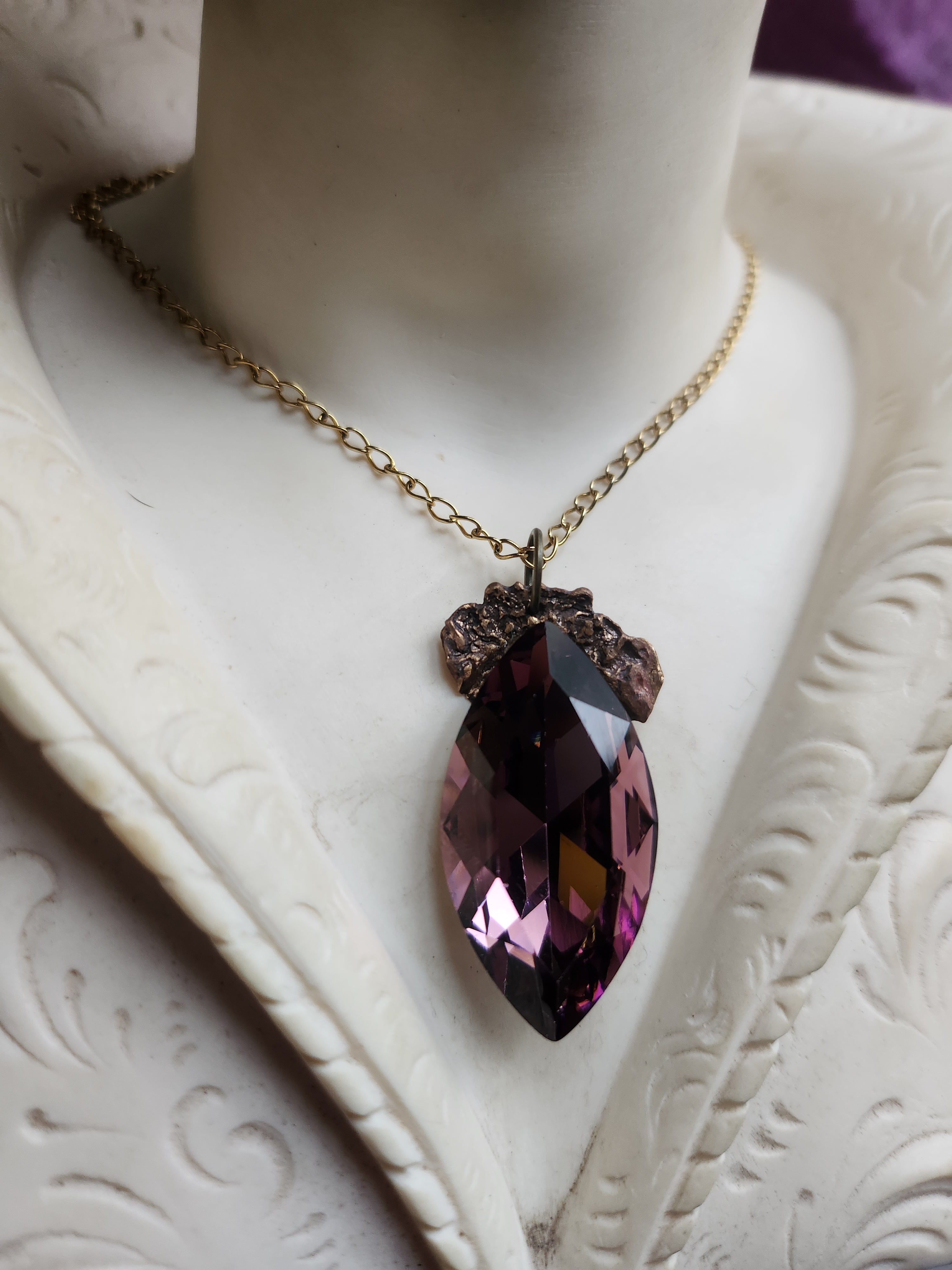 Mystic Baroque Collection - Handmade Bronze Pendant with Dusty Rose Crystal Navette