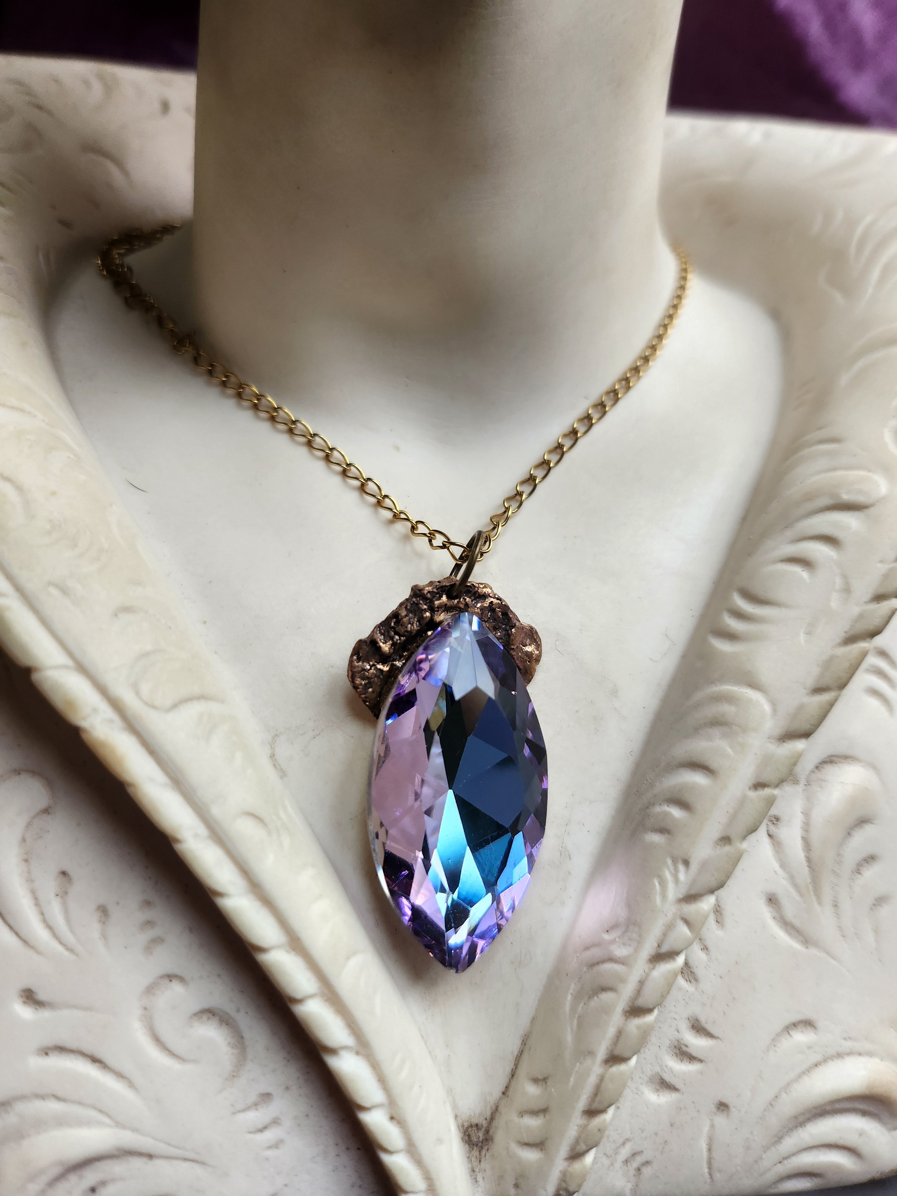 Mystic Baroque Collection - Handmade Bronze Pendant with Blue and Pink Crystal Navette