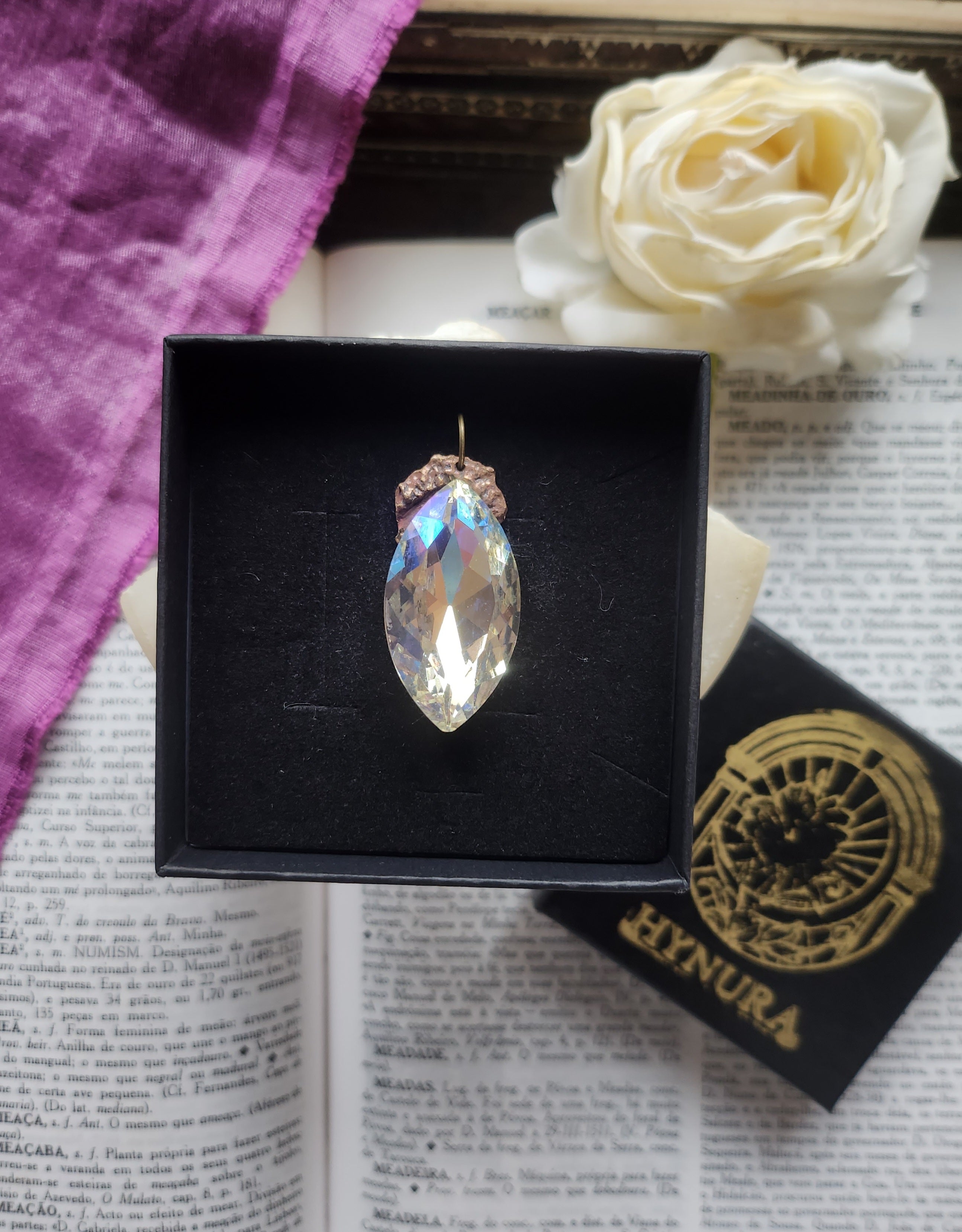 Mystic Baroque Collection - Handmade Bronze Pendant with Aurora Crystal Navette