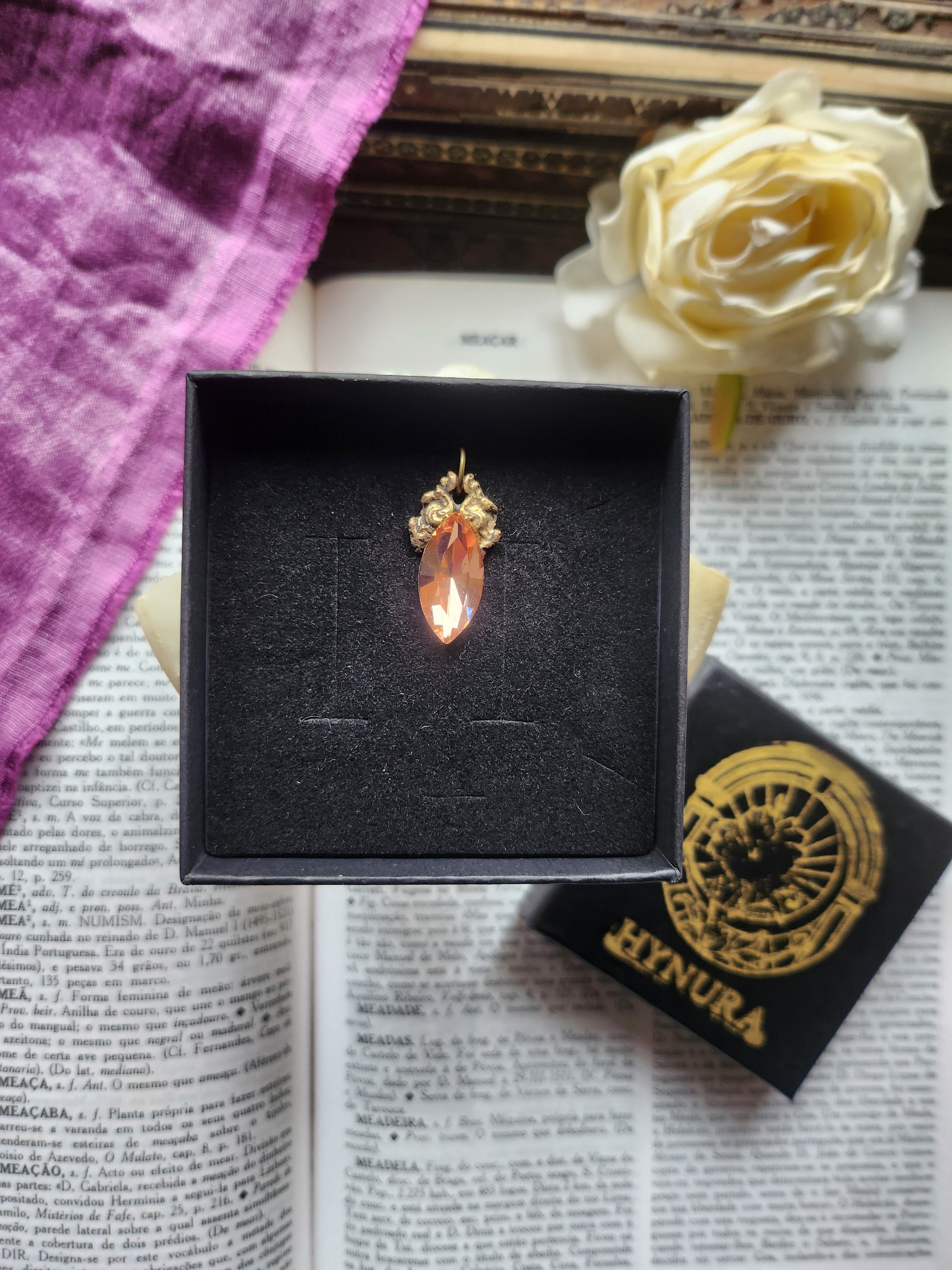 Arcane Resonance Collection – Handmade Bronze Pendant with Salmon Navette Crystal