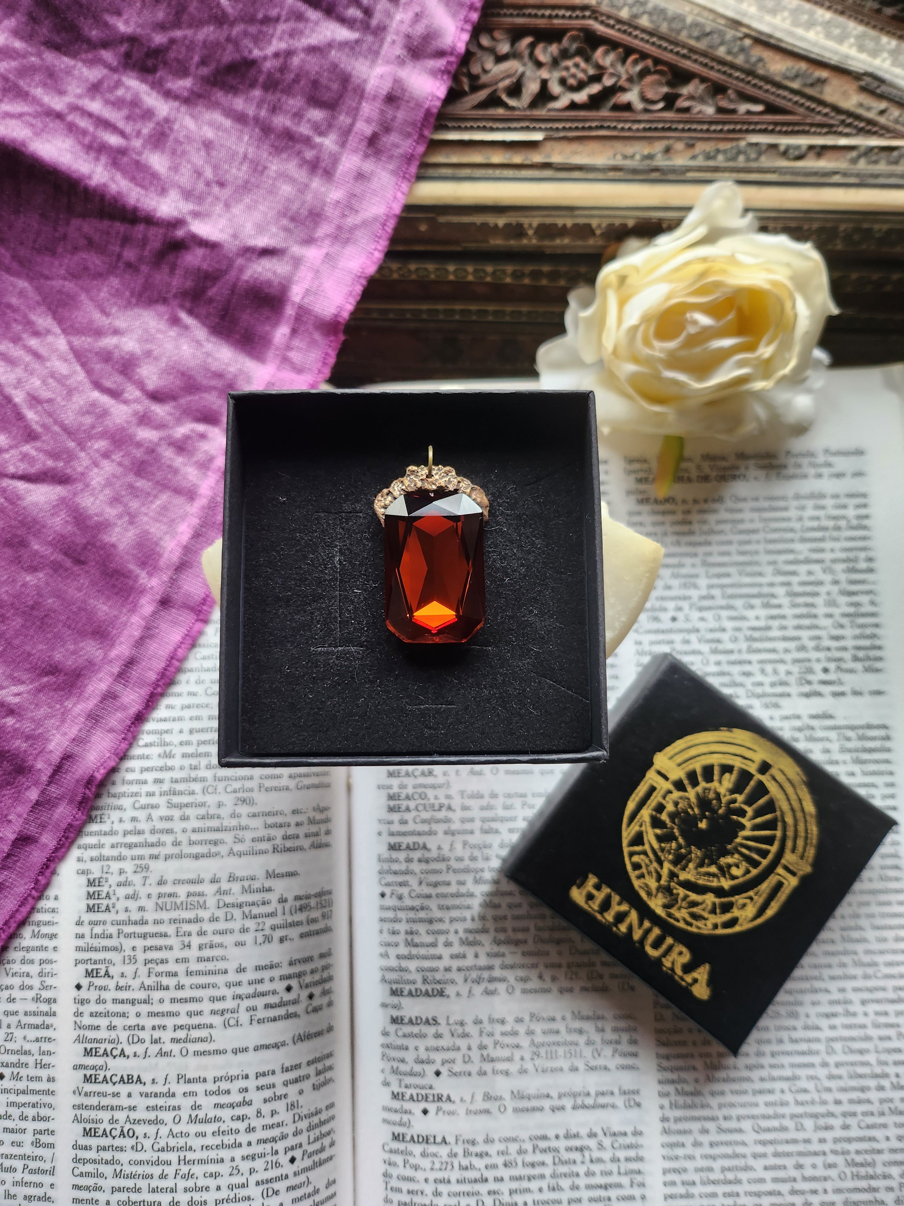 Mystic Baroque Collection – Handmade Bronze Pendant with Intense Amber Octagon Crystal