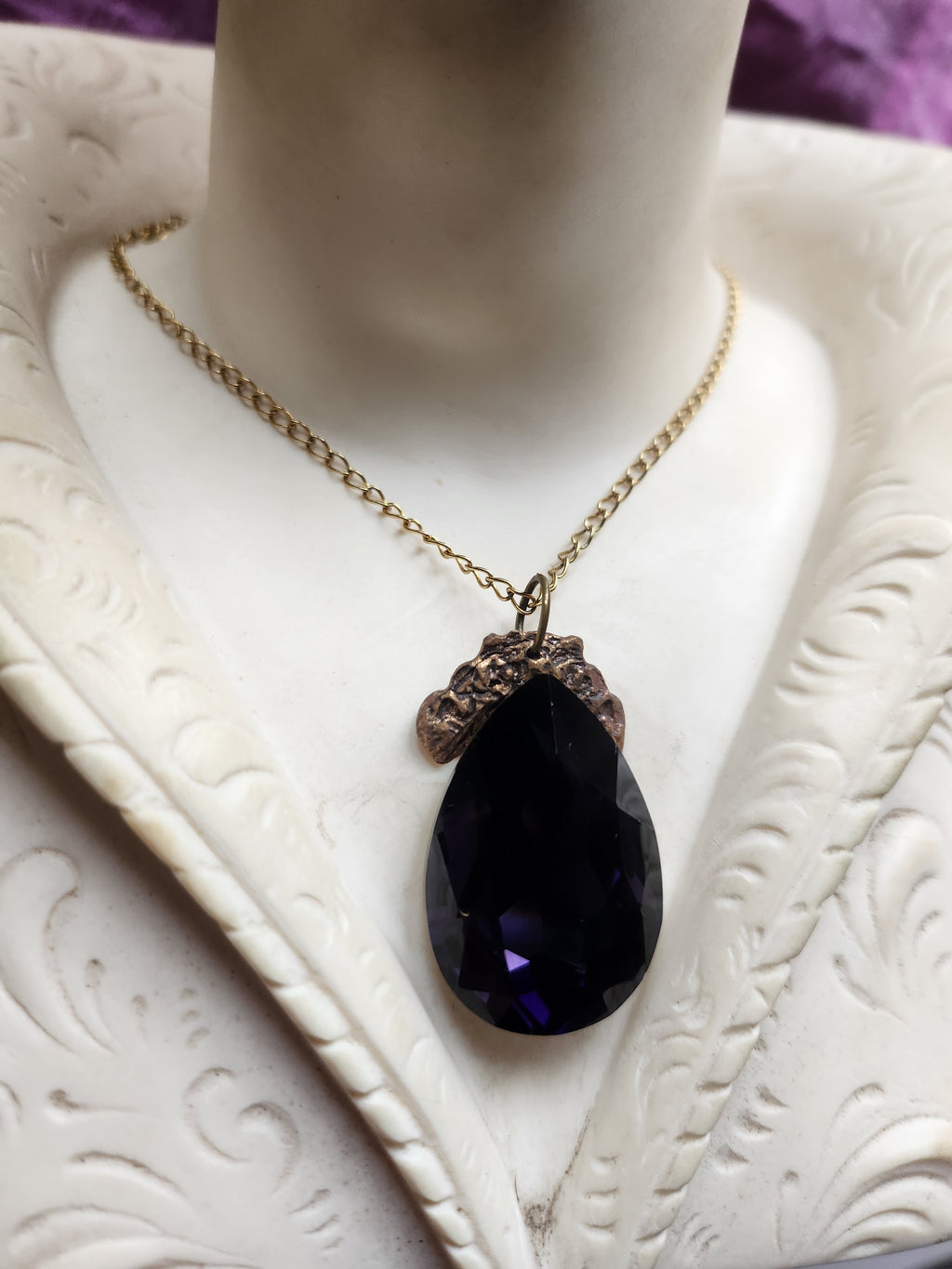 Mystic Baroque Collection - Handmade Bronze Pendant with Purple Teardrop Crystal