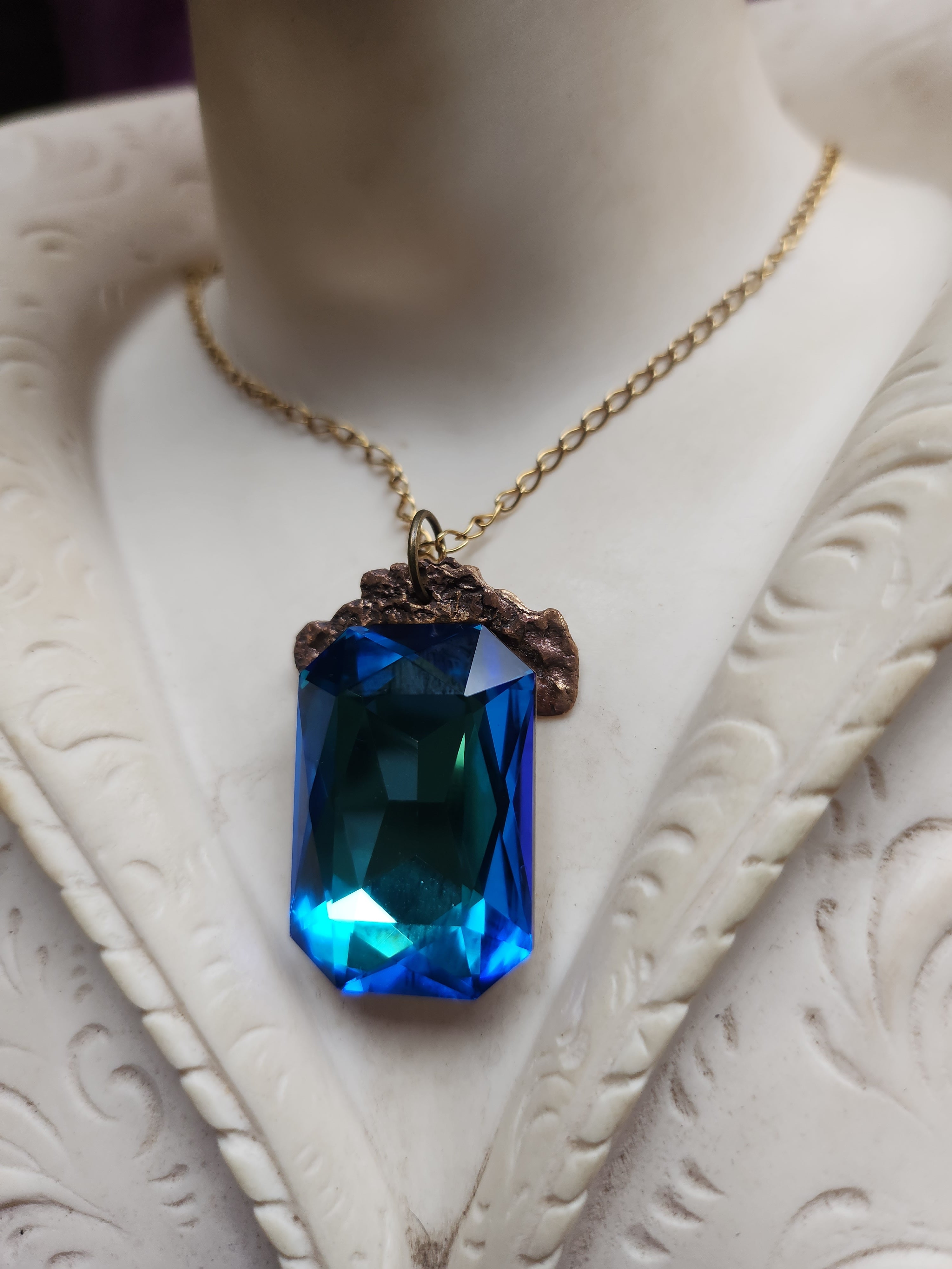 Mystic Baroque Collection - Handmade Bronze Pendant with Blue and Green Octagon Crystal