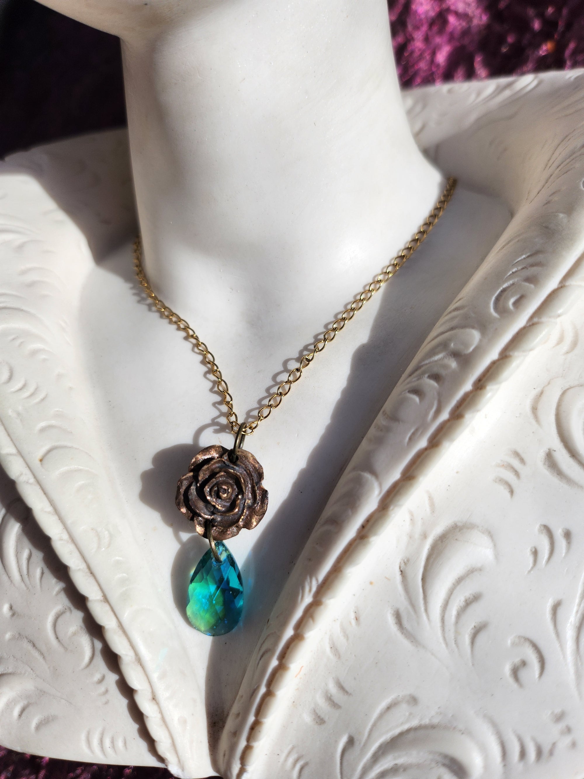 Handmade Bronze Rose Necklace with Emerald Blue Crystal – Bold Vintage Statement Jewelry