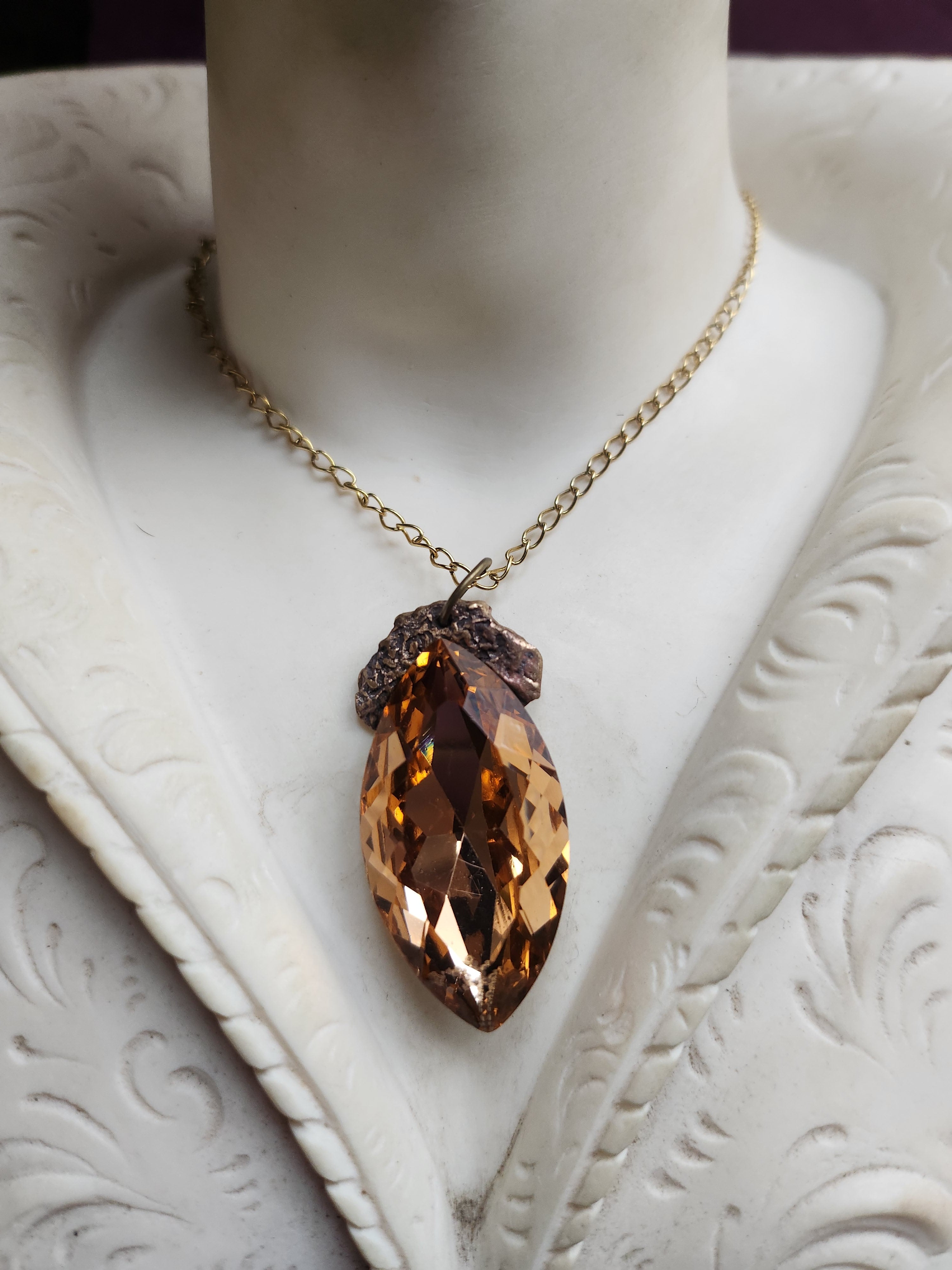 Mystic Baroque Collection - Handmade Bronze Pendant with Light Amber Crystal Navette