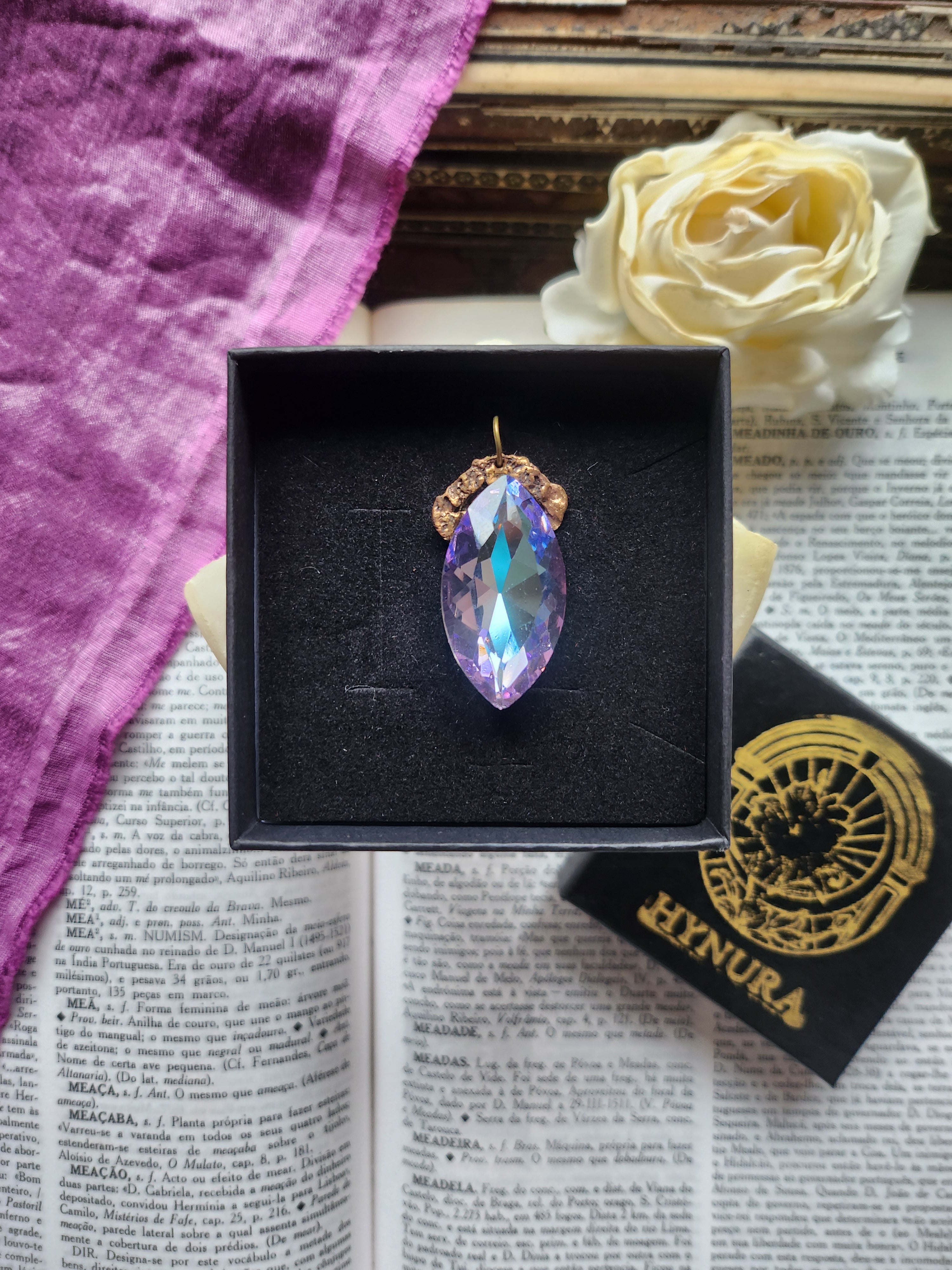 Mystic Baroque Collection - Handmade Bronze Pendant with Blue and Pink Crystal Navette