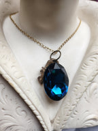 Mystic Baroque Collection - Handmade Bronze Pendant with Deep Blue Oval Crystal