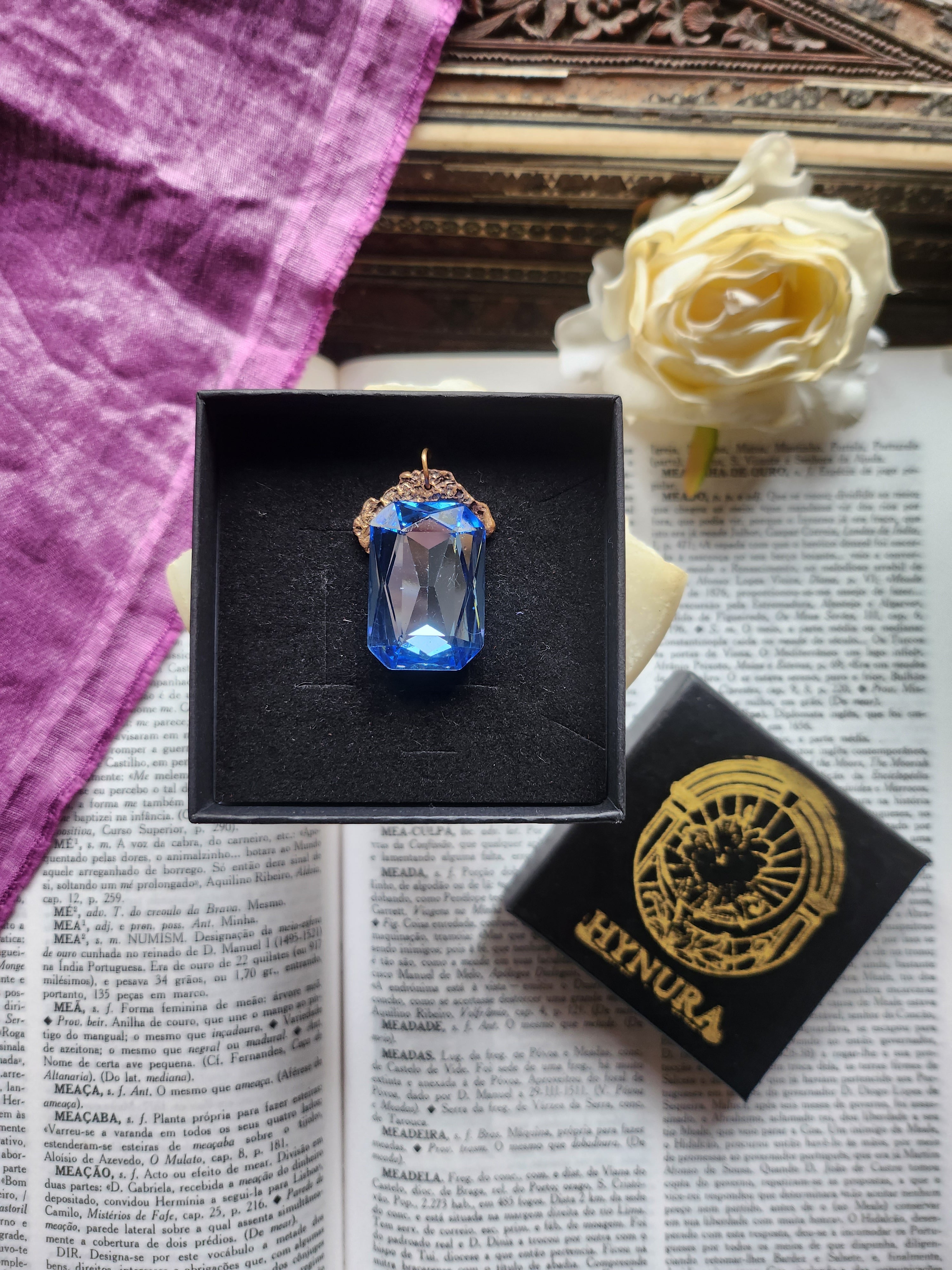 Mystic Baroque Collection - Handmade Bronze Pendant with Light Blue Octagon Crystal