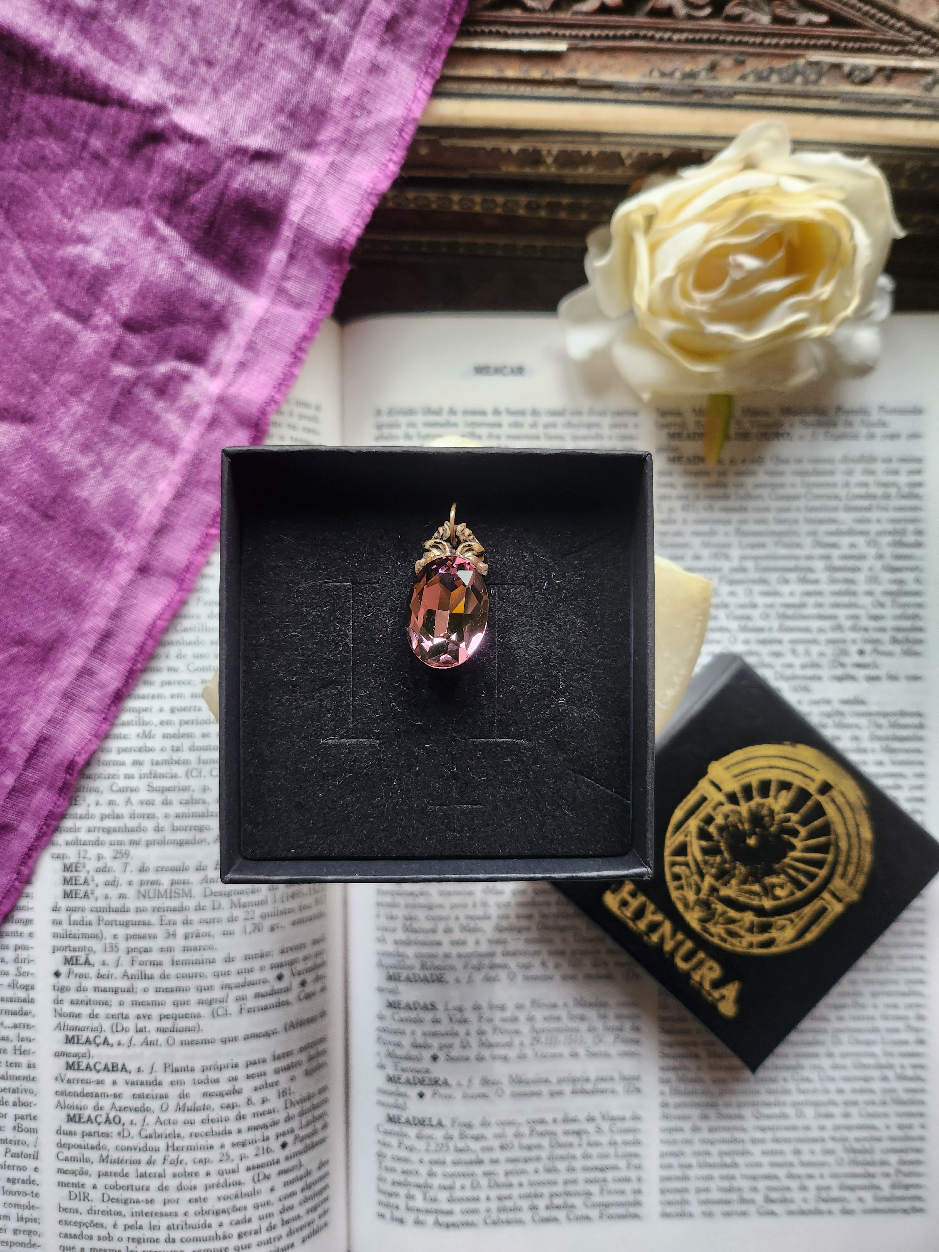Arcane Resonance Collection – Small Handmade Bronze Pendant with Dusty Rose Oval Crystal