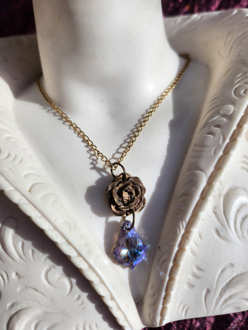 Handmade Bronze Rose Necklace with Lilac Crystal – Whimsical Fairycore Jewelry
