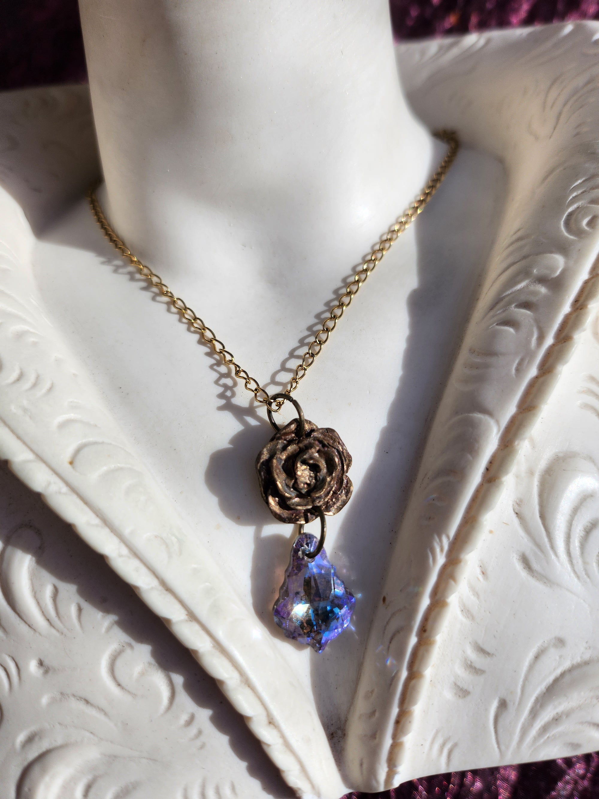 Handmade Bronze Rose Necklace with Lilac Crystal – Whimsical Fairycore Jewelry