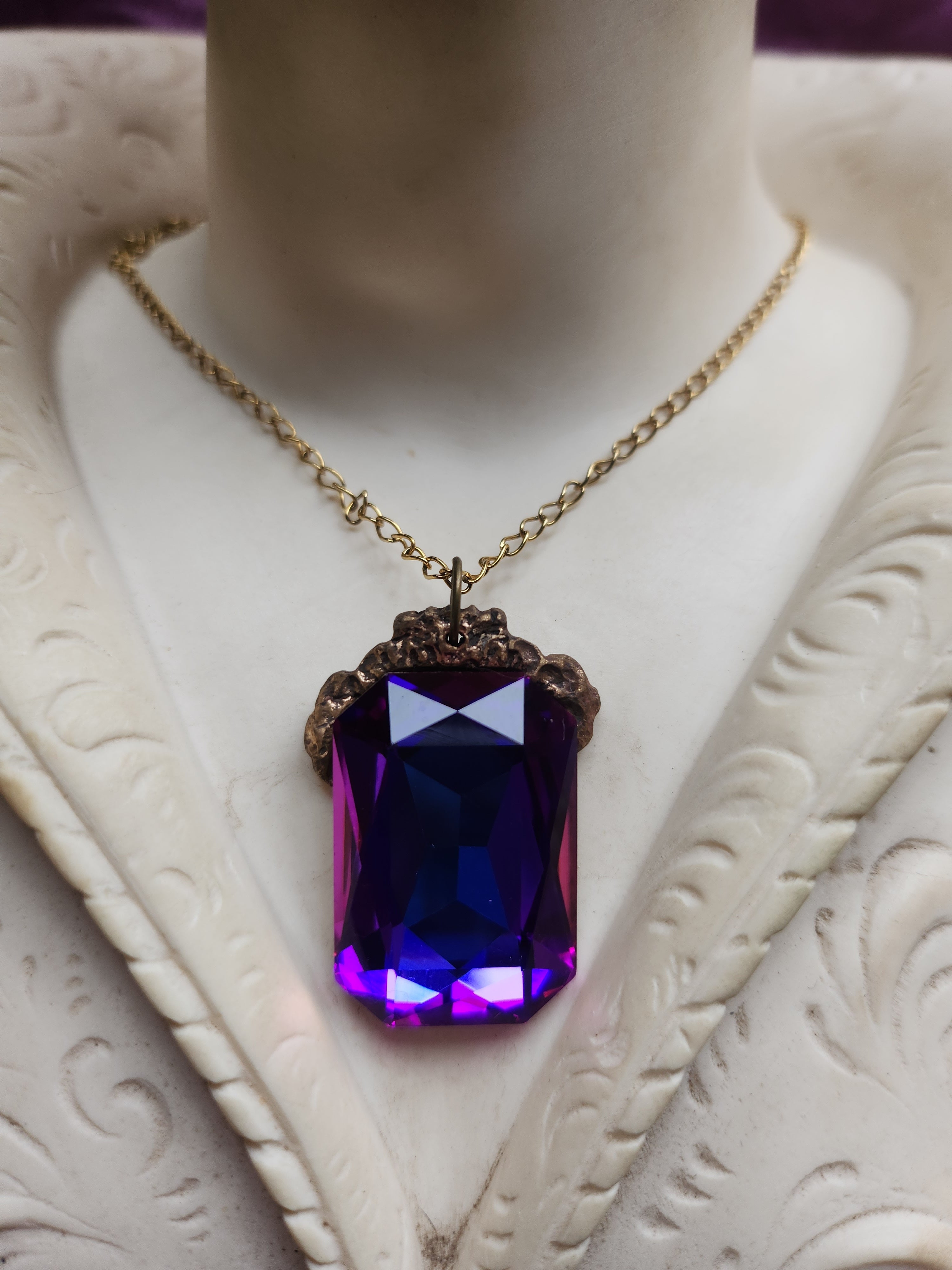 Mystic Baroque Collection - Handmade Bronze Pendant with Electric Purple Octagon Crystal
