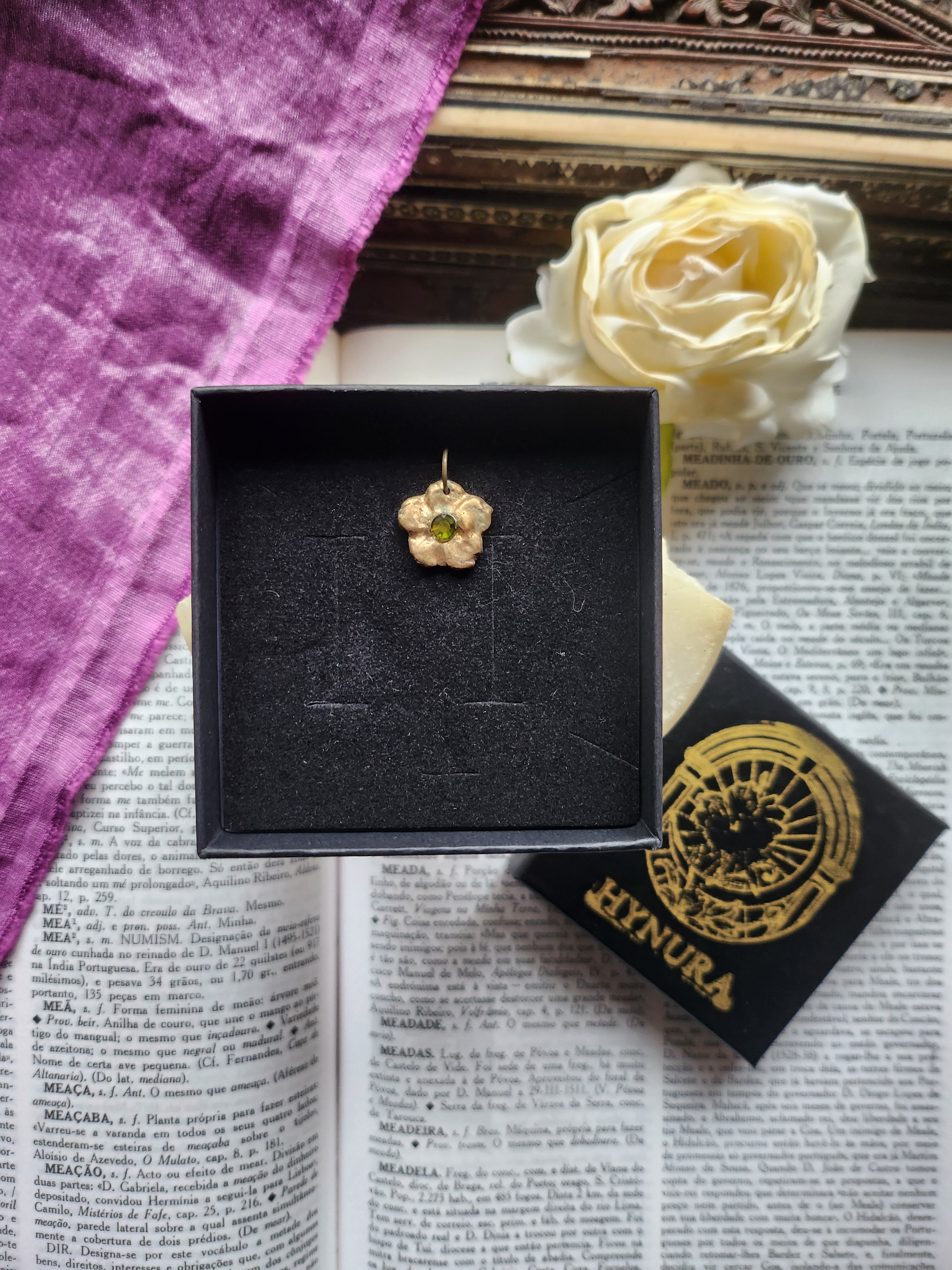 Eternal Bloom Collection – Handmade Bronze Flower Pendant with Green Crystal