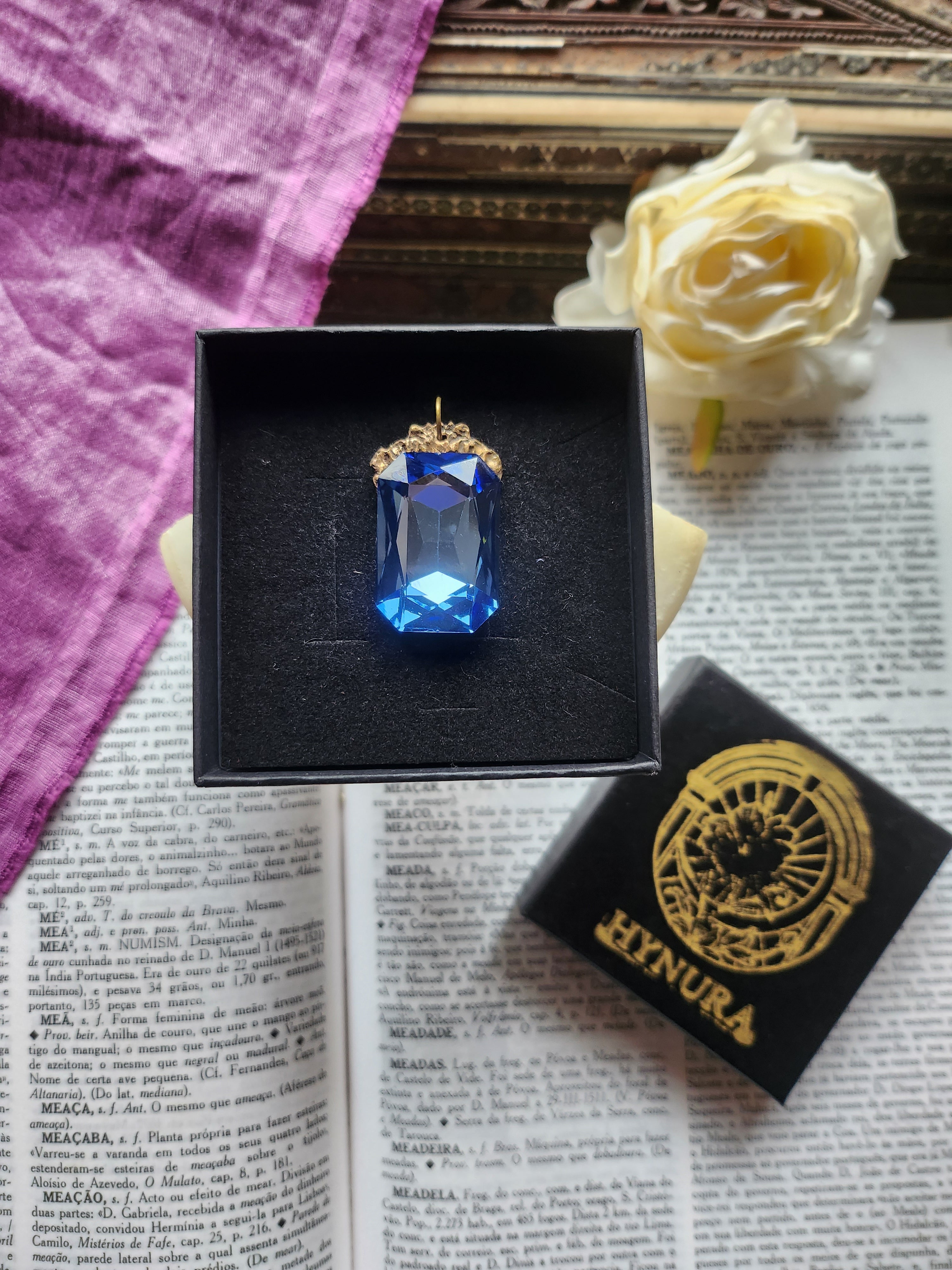 Mystic Baroque Collection – Handmade Bronze Pendant with Blue Octagon Crystal