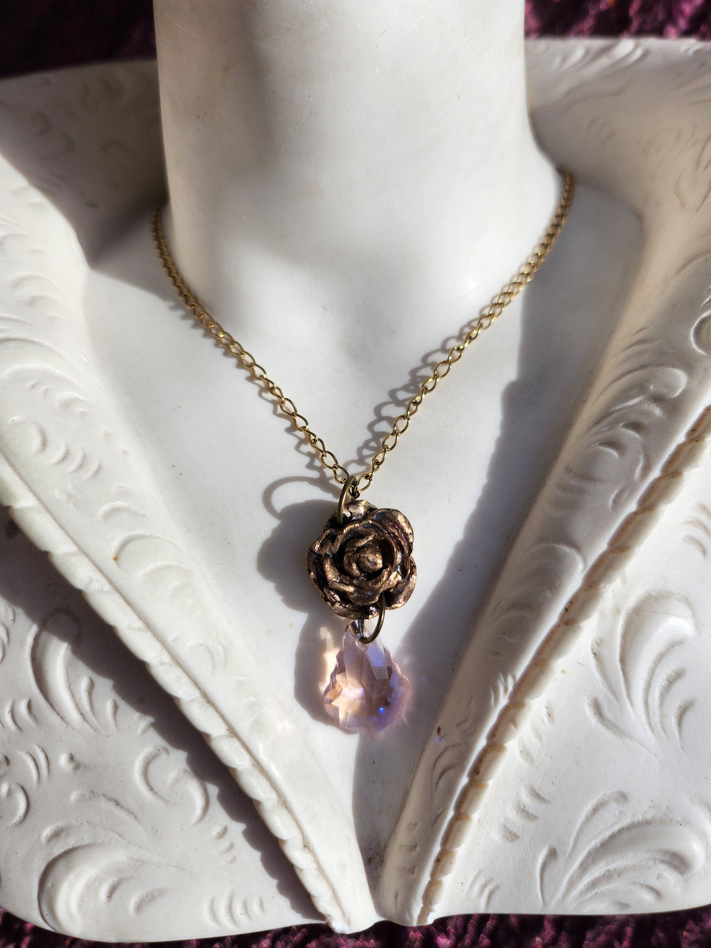 Handmade Bronze Rose Necklace with Soft Pink Crystal – Romantic Vintage Bridal Jewelry