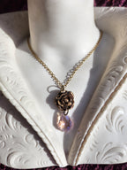 Handmade Bronze Rose Necklace with Soft Pink Crystal – Romantic Vintage Bridal Jewelry