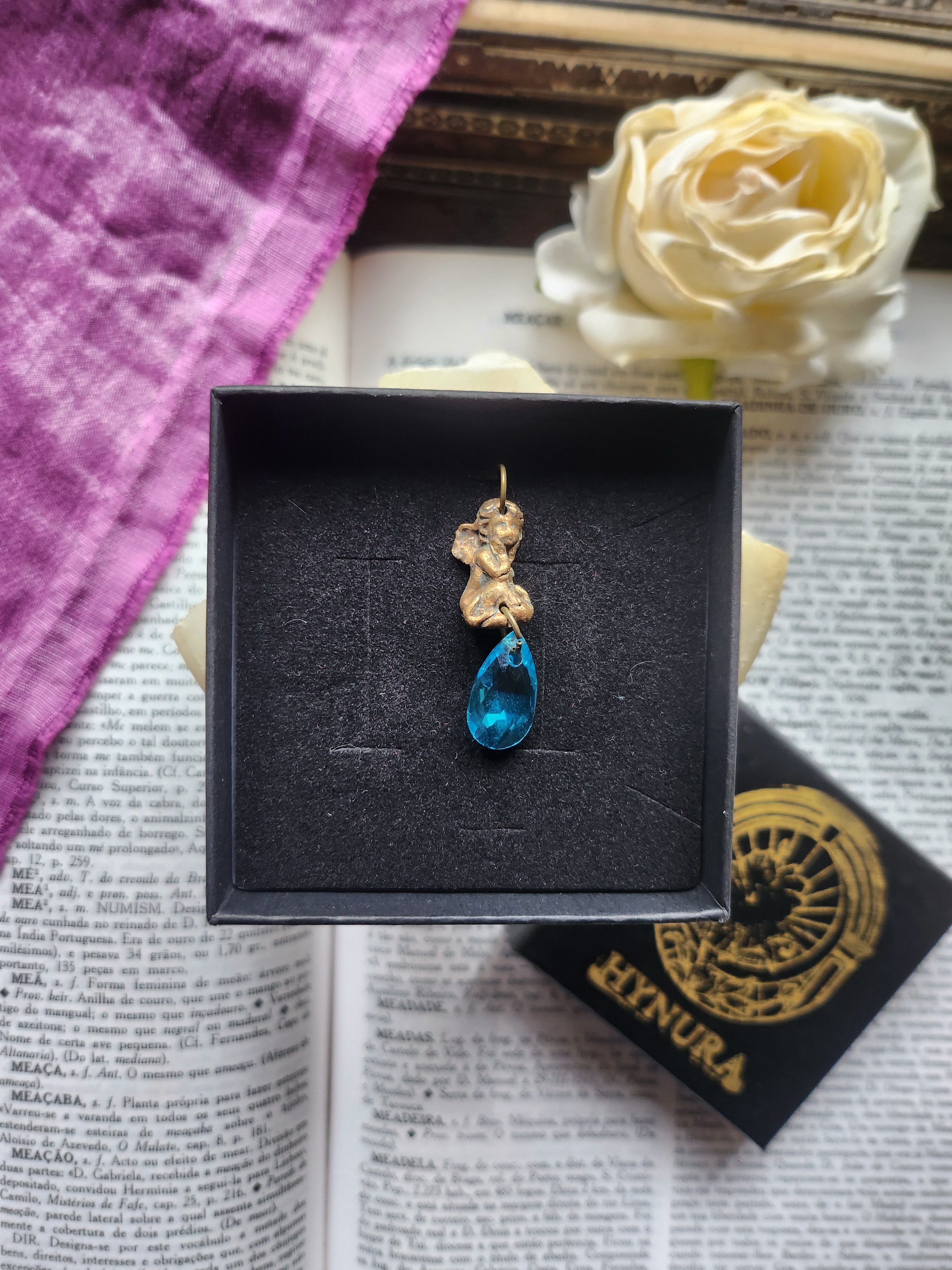 Echoes of Heaven Collection - Handmade Bronze Angel Pendant with Sky Blue Crystal