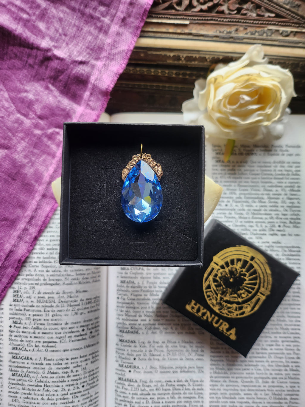 Mystic Baroque Collection – Handmade Bronze Pendant with Light Blue Teardrop Crystal