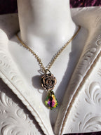 Handmade Bronze Rose Pendant with Pink Green Crystal – Vintage Boho Jewelry for Women