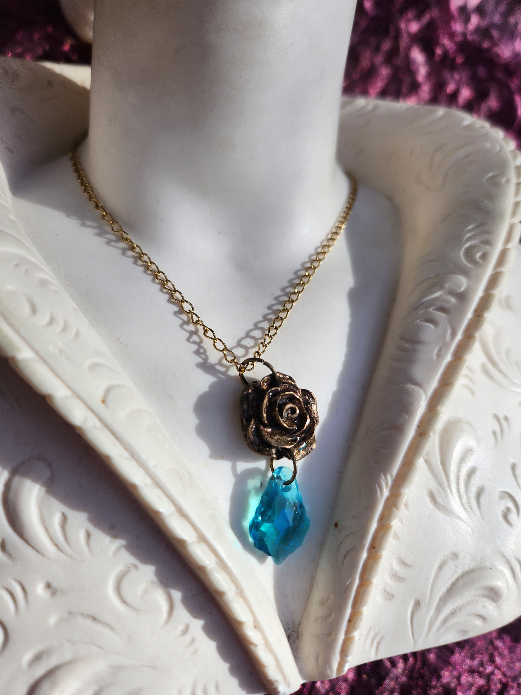 Handmade Bronze Rose Necklace with Light Blue Crystal – Boho Chic Summer Jewelry