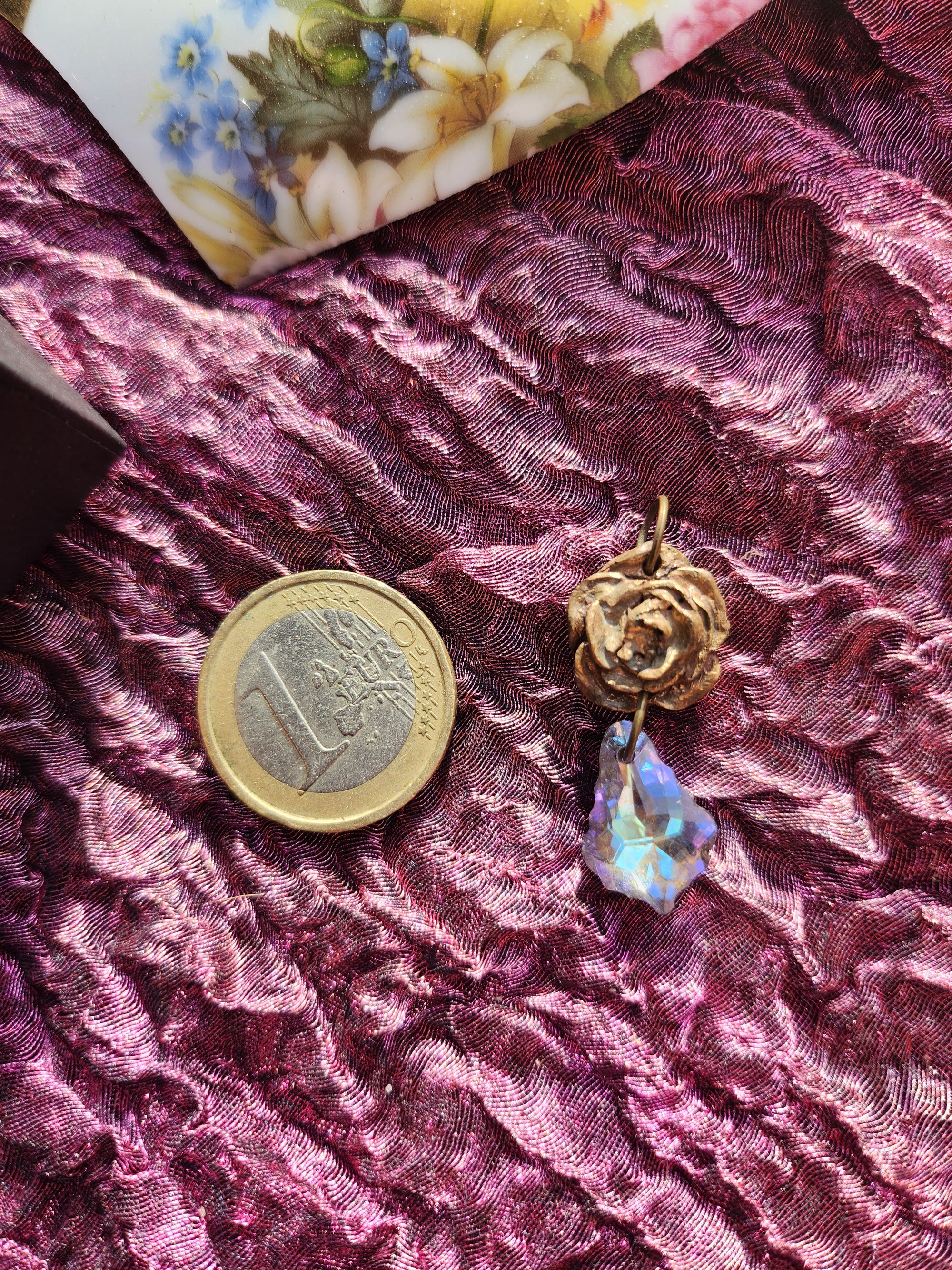 Handmade Bronze Rose Necklace with Lilac Crystal – Whimsical Fairycore Jewelry