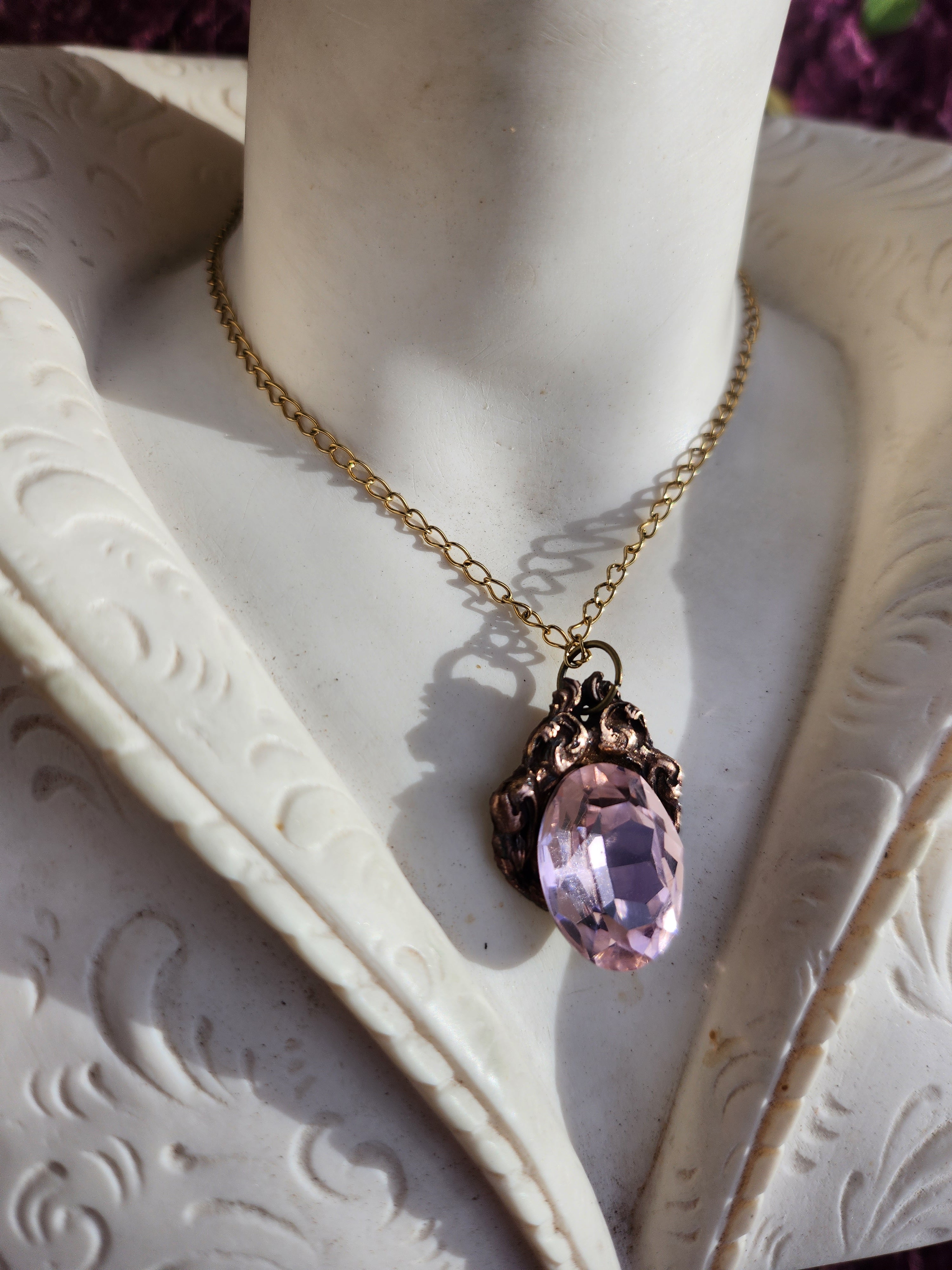 Arcane Resonance Collection – Handmade Bronze Pendant with Light Pink Oval Crystal
