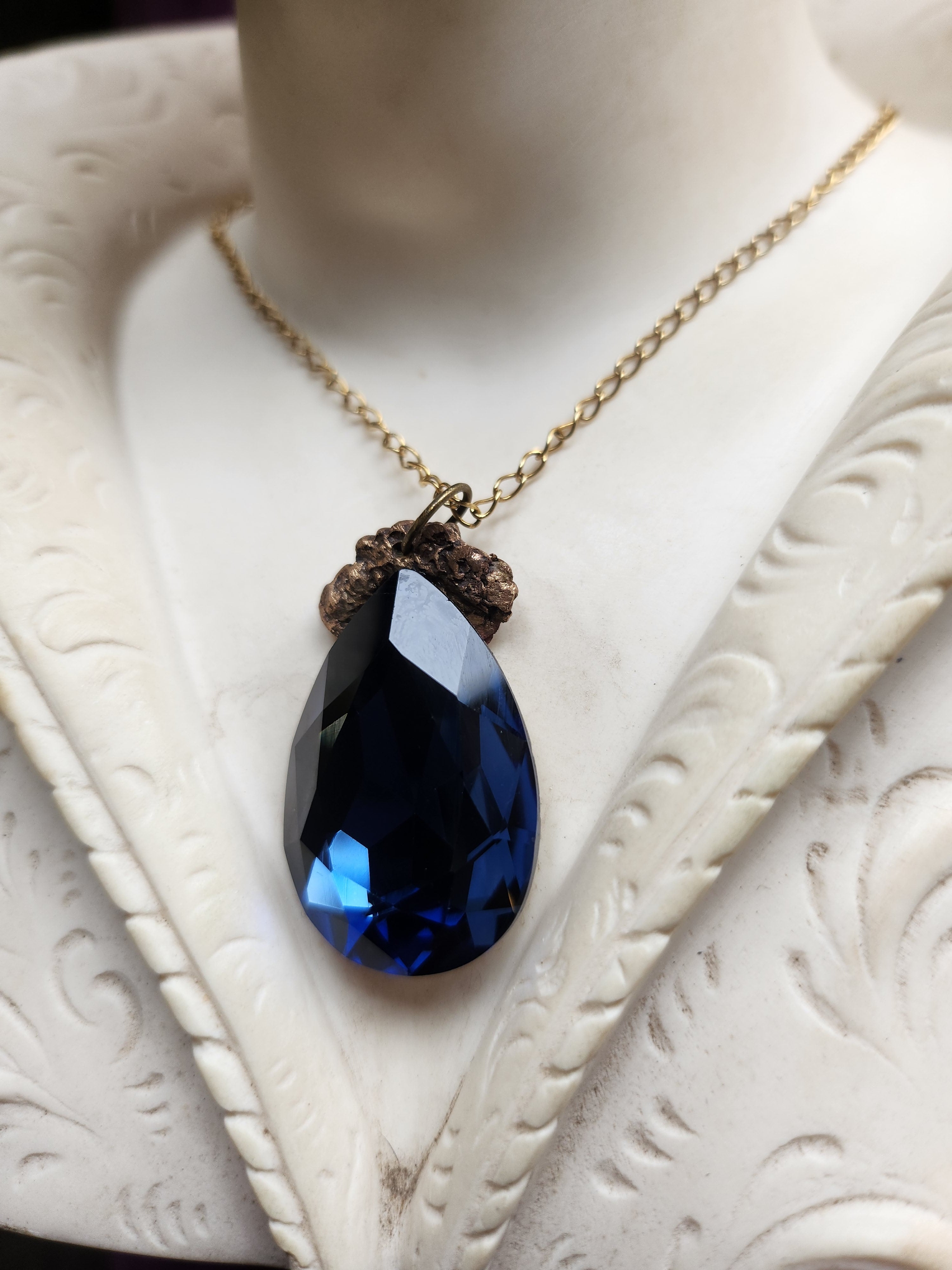 Mystic Baroque Collection - Handmade Bronze Pendant with Deep Blue Teardrop Crystal
